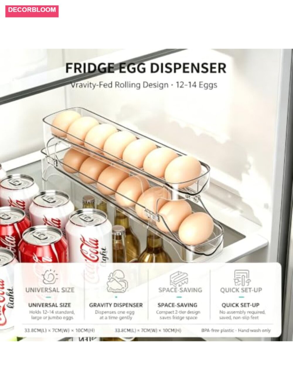 Clear 2-Tier Auto Rolling Egg Dispenser Holder for Fridge, Space Saving, - Picture 4 of 6
